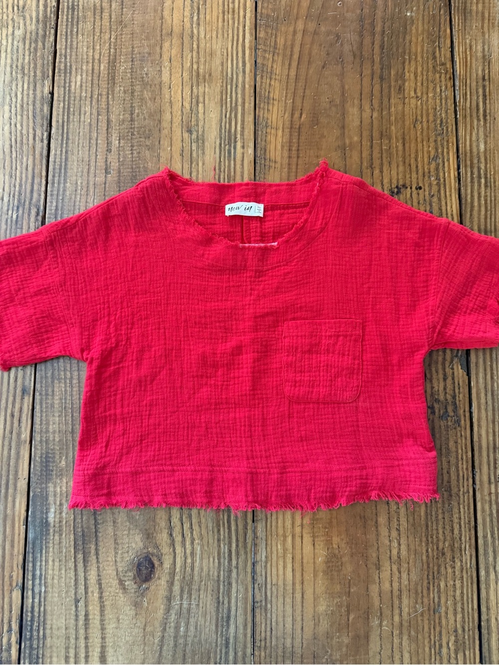 New In Red Gauze Cropped Pocket Top Raw Hem XS Cotton Boho
